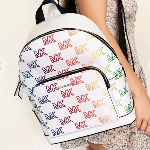 Michael Kors Cooper Commuter Medium Sling Bag Backpack MK Rainbow Optic White - Picture 2 of 14